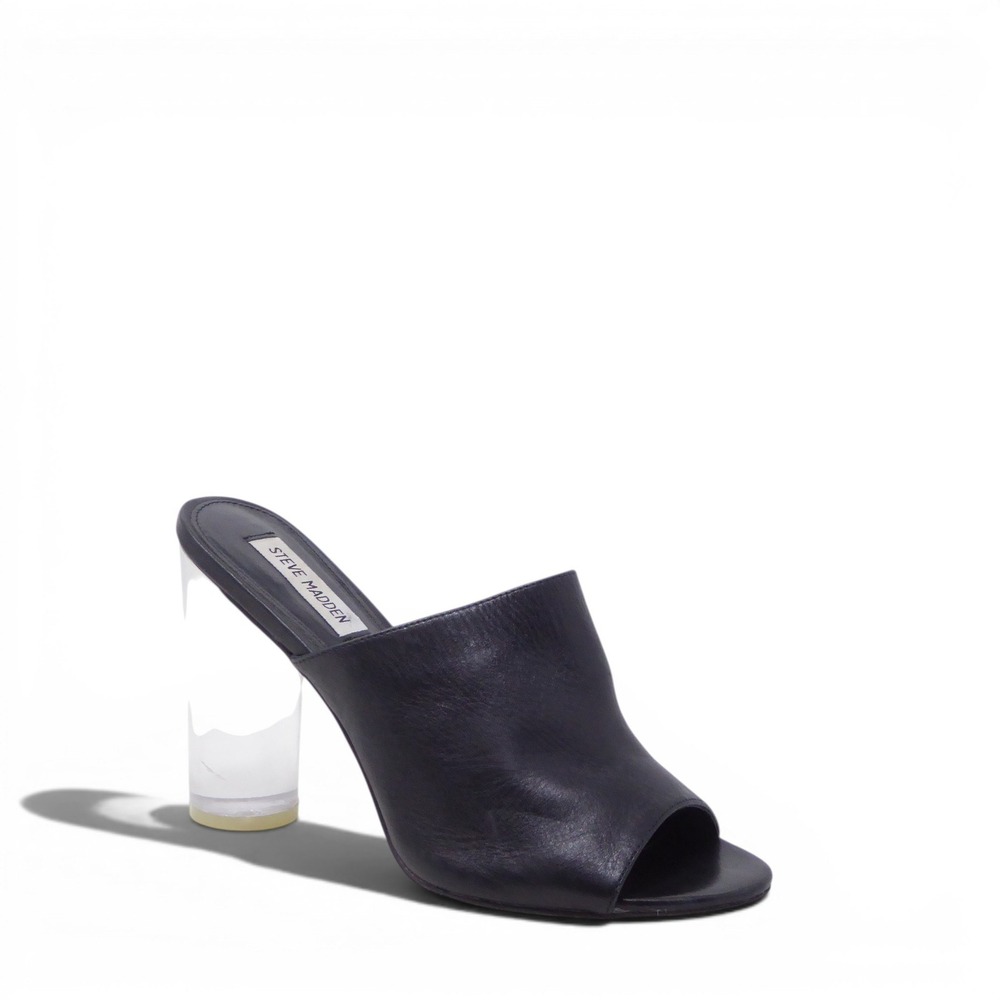 Steve Madden Women Classics Block Heel Mule Sandals Black Leather Clear Size 9M